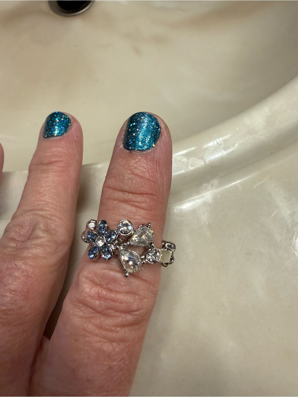 Silver Floral Cluster Ring with Blue and Clear Stones - Silver Tone